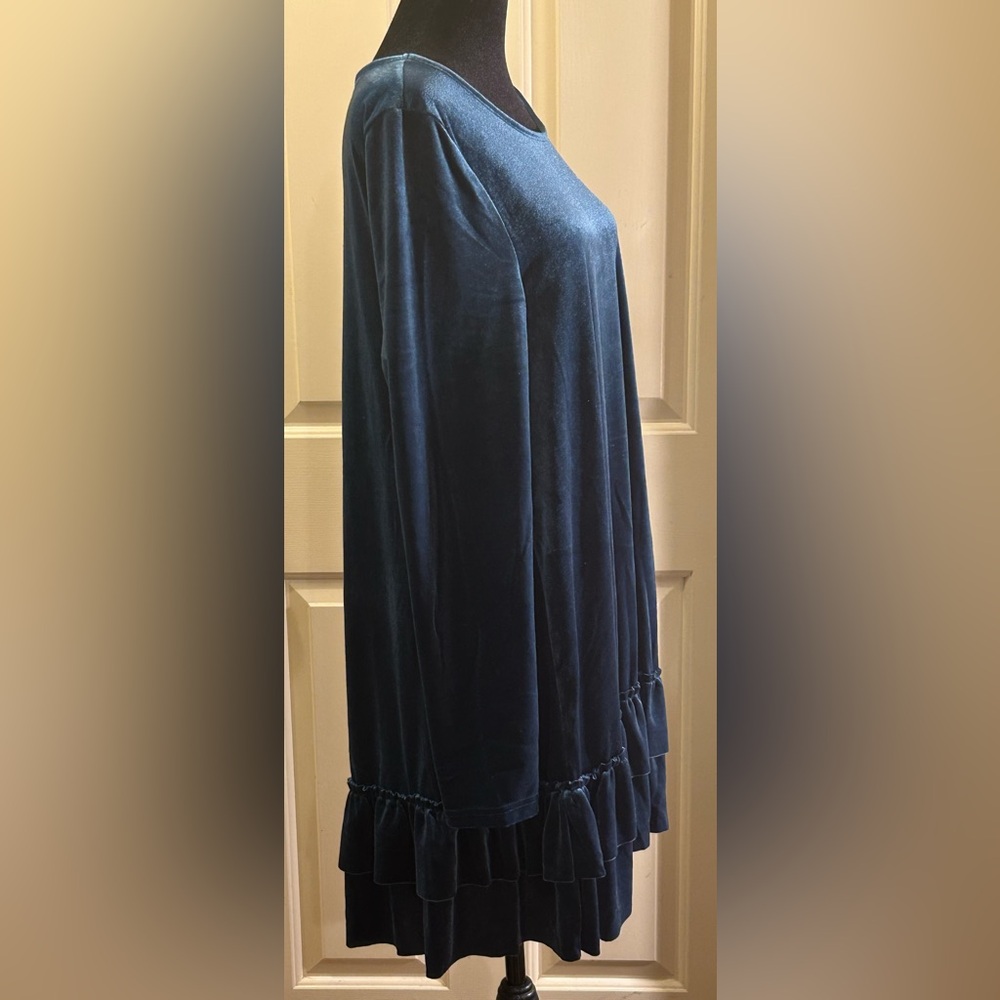 Easel Velour Dark Teal Ruffle Dress Raw Edge Ruffles at Bottom - Picture 5 of 8